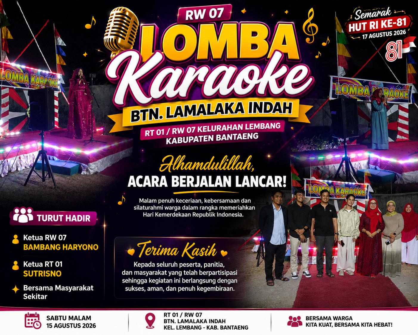 Lomba Karaoke RW 07 BTN Lamalaka Indah Semarakkan Malam Kemerdekaan di Kelurahan Lembang